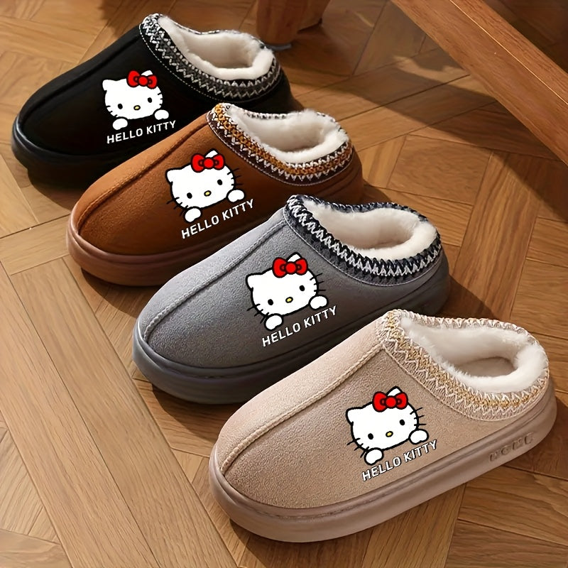Sanrio Hello Kitty Plush Lined Slippers for Women - Cozy Thermal Winter Home Shoes with Thick Non-Slip EVA Sole, Brown Cover Upper with Decorative Stitching, Hand Wash or Dry Clean, House Slippers