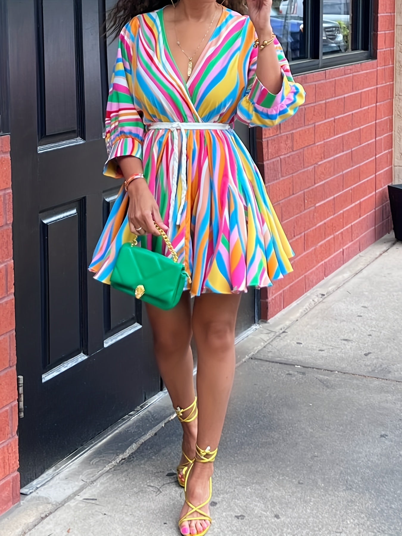 Colorful Striped V-Neck Dress with Belt - Casual A-Line, Long Sleeve, Machine Washable Polyester Blend - Vibrant Streetwear Style for Women