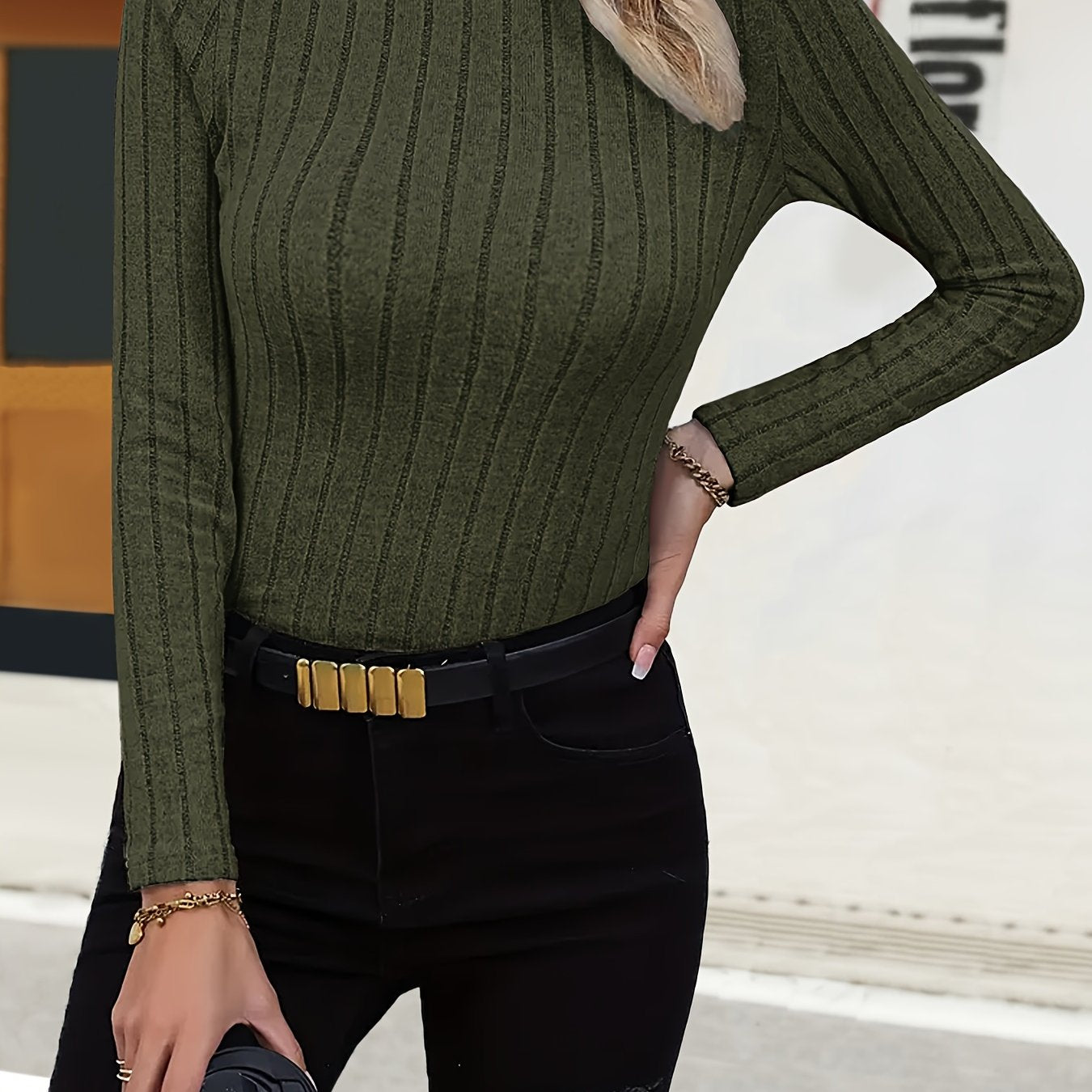 Solid Mock Neck Rib Knit Top, Elegant Long Sleeve Slim Versatile Sweater, Women's Clothing