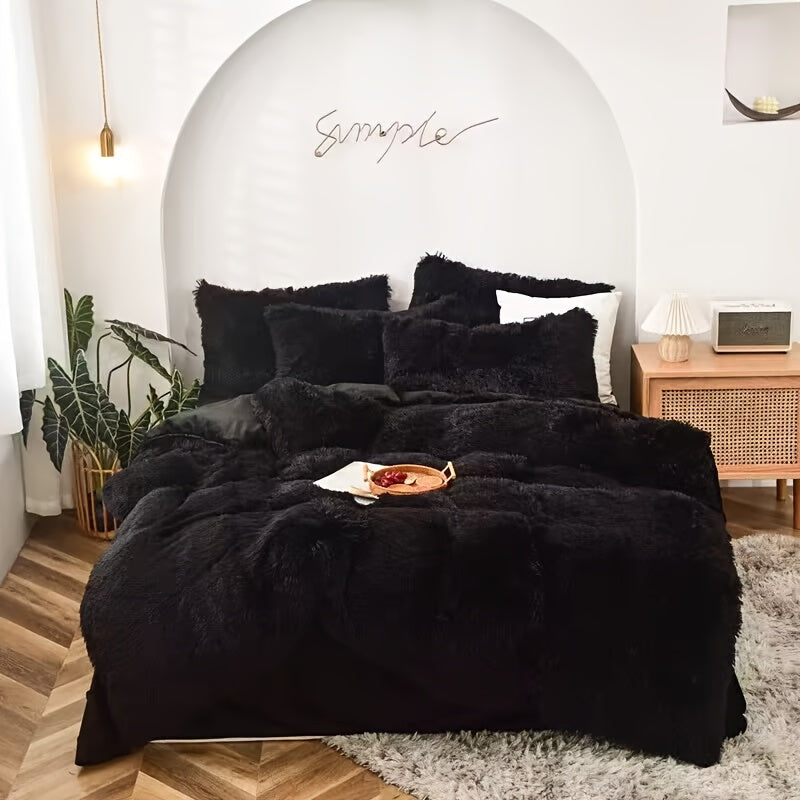 4pcs Queen/King Size Comforter Set | Fluffy Plush Velvet Bed Comforter Sets (1 Duvet+2 Pillowcases+Sheet) | Ultra Soft Thermal All-Season Luxury Bedding for Bedroom, Dorm & Guest Rooms | Queen Size Comforter Set & King Size B