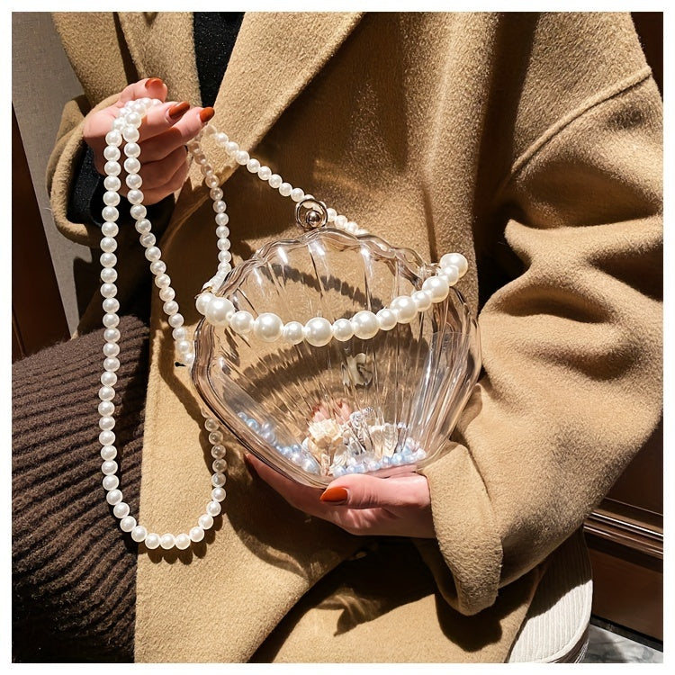 Casual Acrylic Pearl Beaded Shell Crossbody Bag with Removable Strap, Transparent Unlined Clutch with Buckle Closure, Checkpoint-Friendly Fashion Accessory