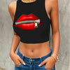 Valentine's Day Red Lip Print Round Neck High Elastic Tight Fit Print Short Top with Navel Exposed Women's Casual Sports Shirt