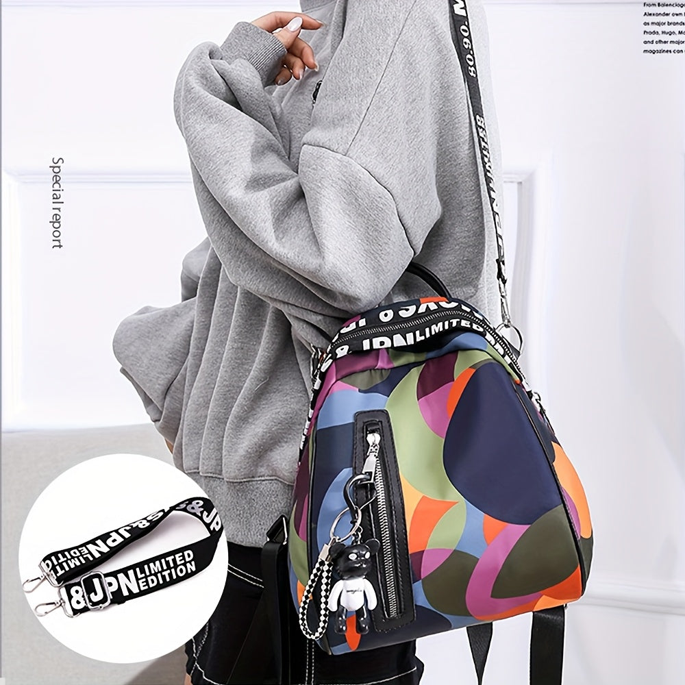 Women's Colorful Geometric Oxford Cloth Backpack - Multifunctional Handbag, Shoulder Bag & Crossbody Purse with Adjustable Straps, Zipper Closure & Bonus Teddy Bear Keychain Accessory, Versatile Travel Purse | Trendy Women's