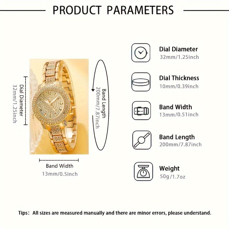 2pcs Ladies Watch Set Fashion Casual Ladies Quartz Watch and Fashion Casual Hip Hop Bracelet