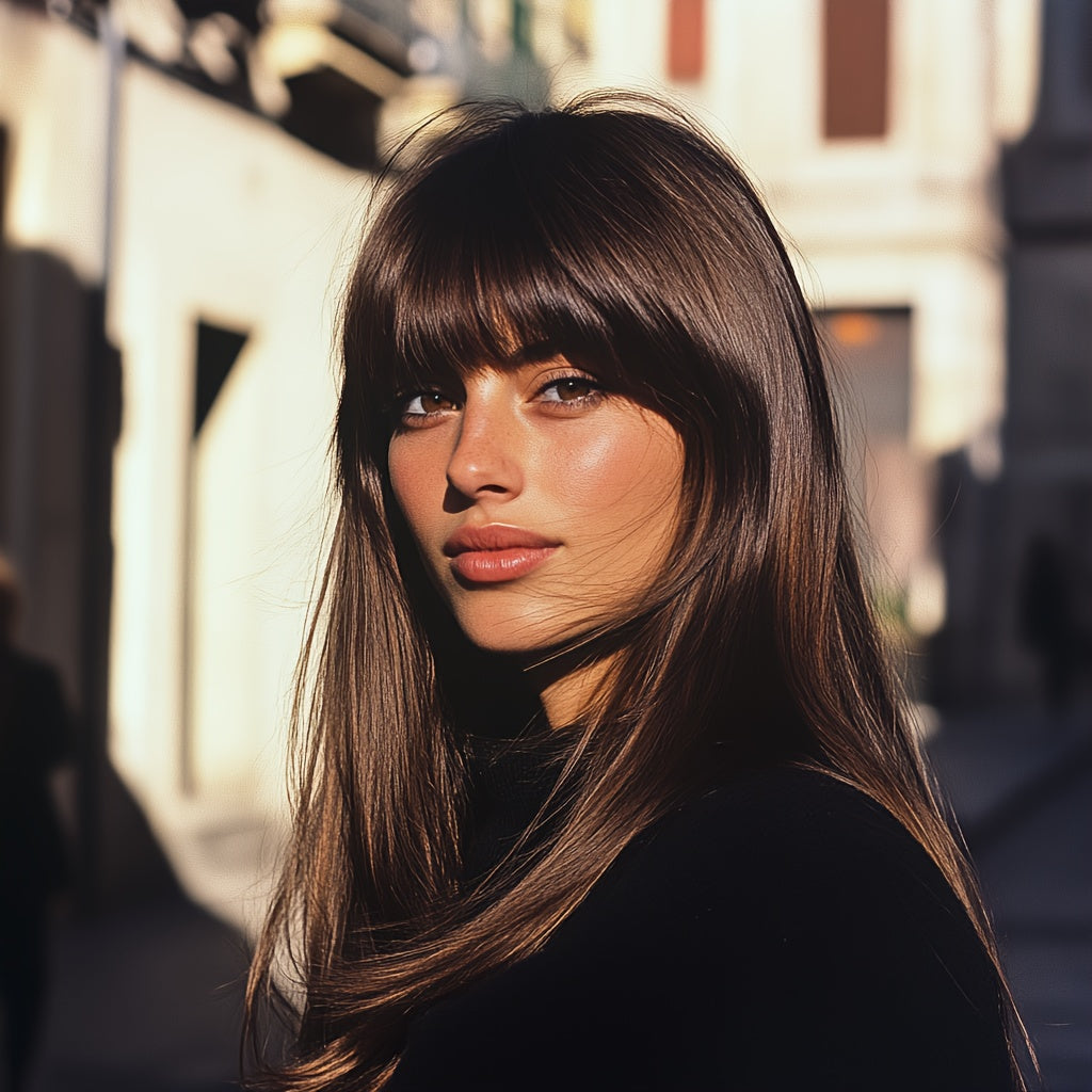 Long Natural Straight Dark Brown Wig, Blunt Bangs, Synthetic Fibers, Perfect For Daily Wear, Rose Net, 24 Inch