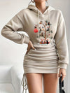 1pc Women's Alphabet Pattern Hooded Bodycon Dress with Drawstring Side - Polyester Knit Fabric - Spring/Fall Fashion Dress for Women - Perfect for Casual & Party Occasions