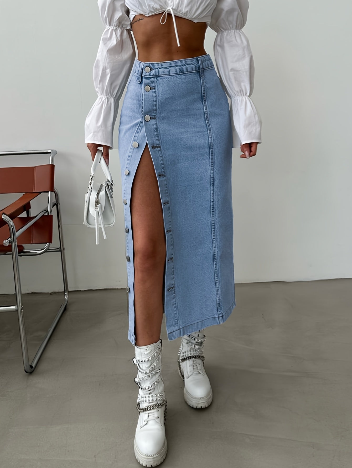 1pc NVFelix Women'S Casual Denim Midi Skirt, Front Button Detail, Solid Color, Non-Stretch, Straight Cut, Woven Fabric, for Spring/Summer/Autumn