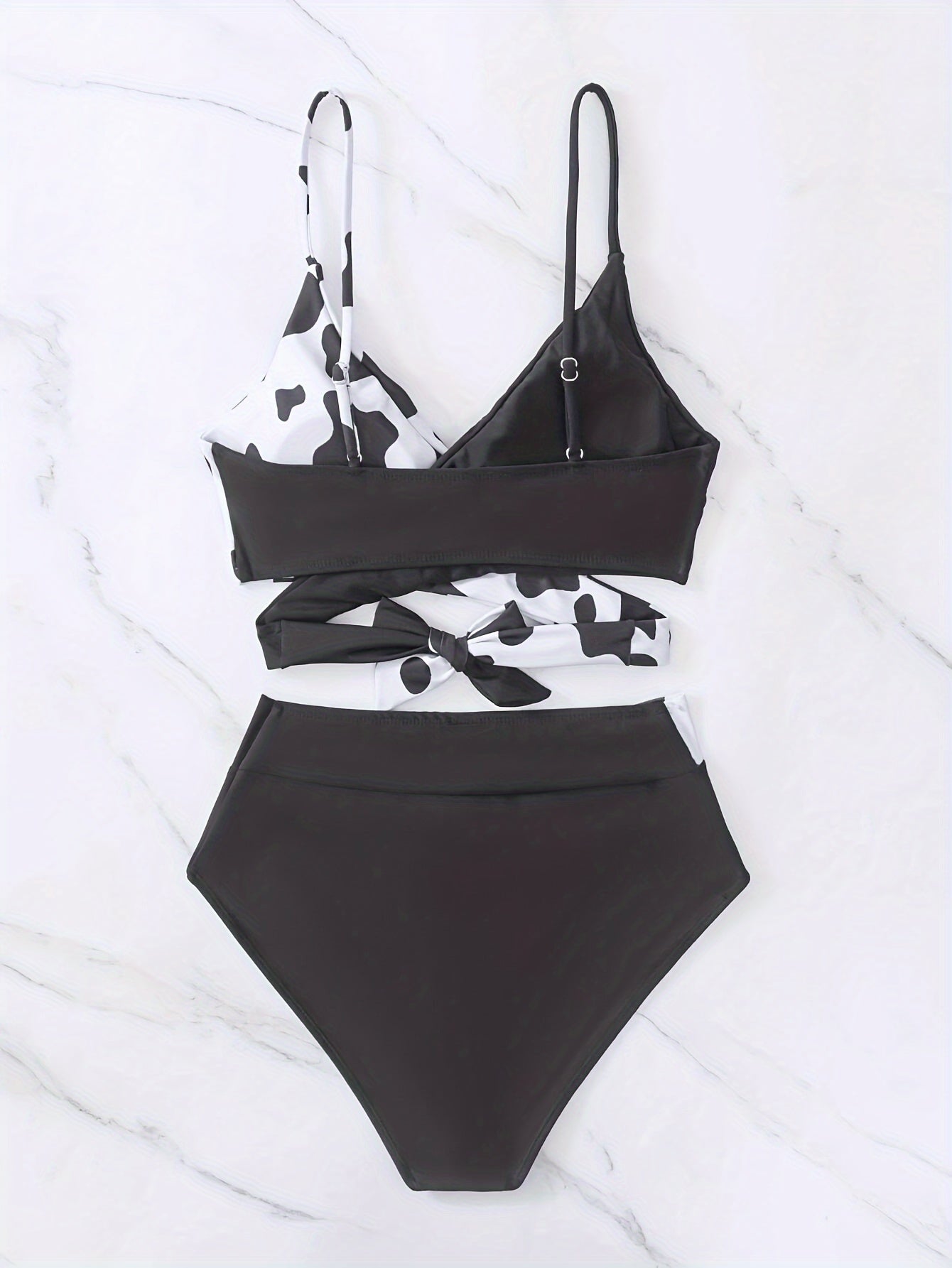 Cow Print 2 Piece Set Bikini, V Neck Layered High Cut Swimsuits, Women's Swimwear & Clothing
