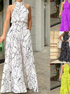 Women's Elegant Sleeveless Halter Neck Wide Leg Romper Jumpsuit with Pockets - Striped Print 100% Polyester Machine Washable All-Season Casual to Formal Wear