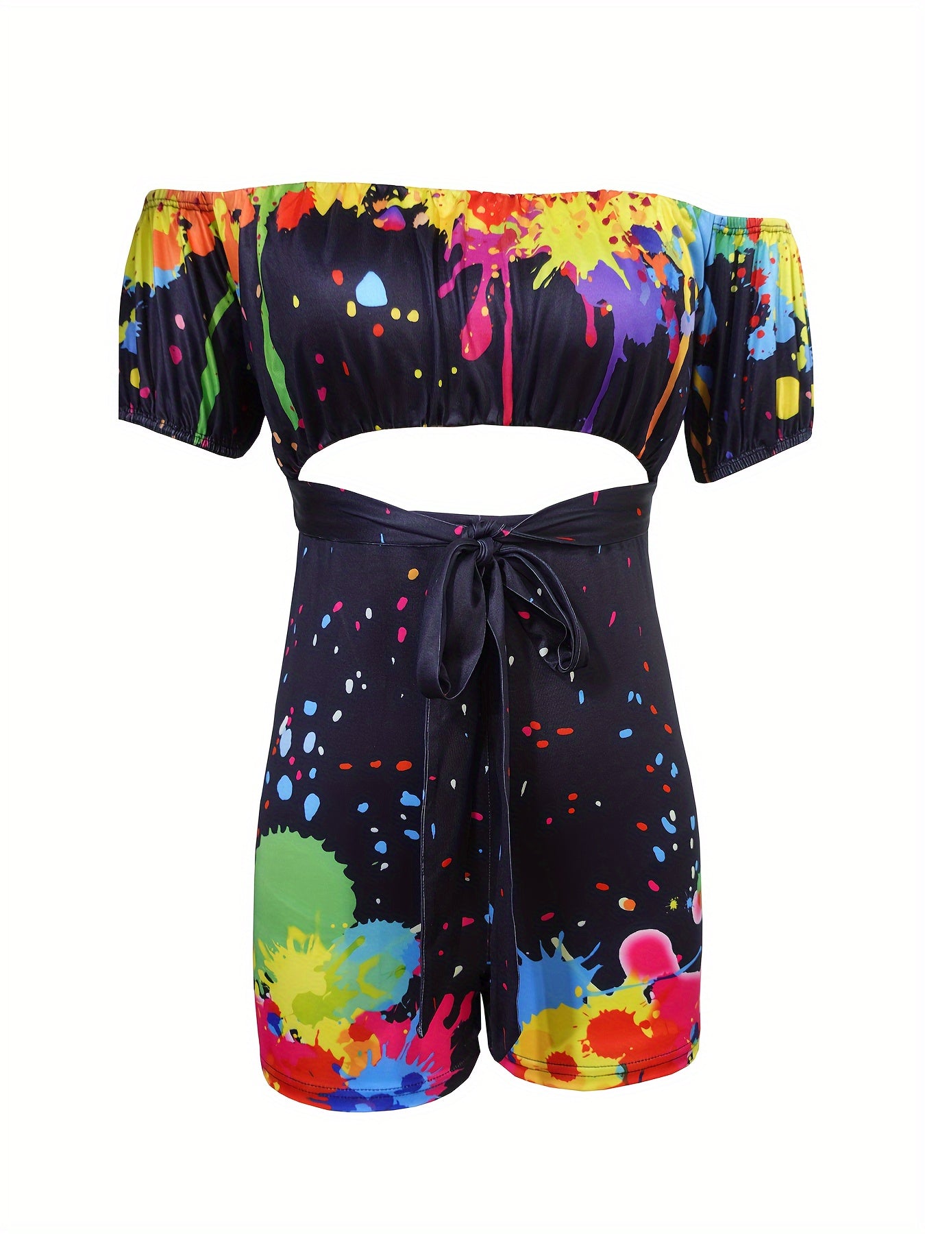 Hollow-out Design Off Shoulder Romper, Vacation Style Short Sleeve Lace Up Romper Jumpsuit For Spring & Summer, Women's Clothing