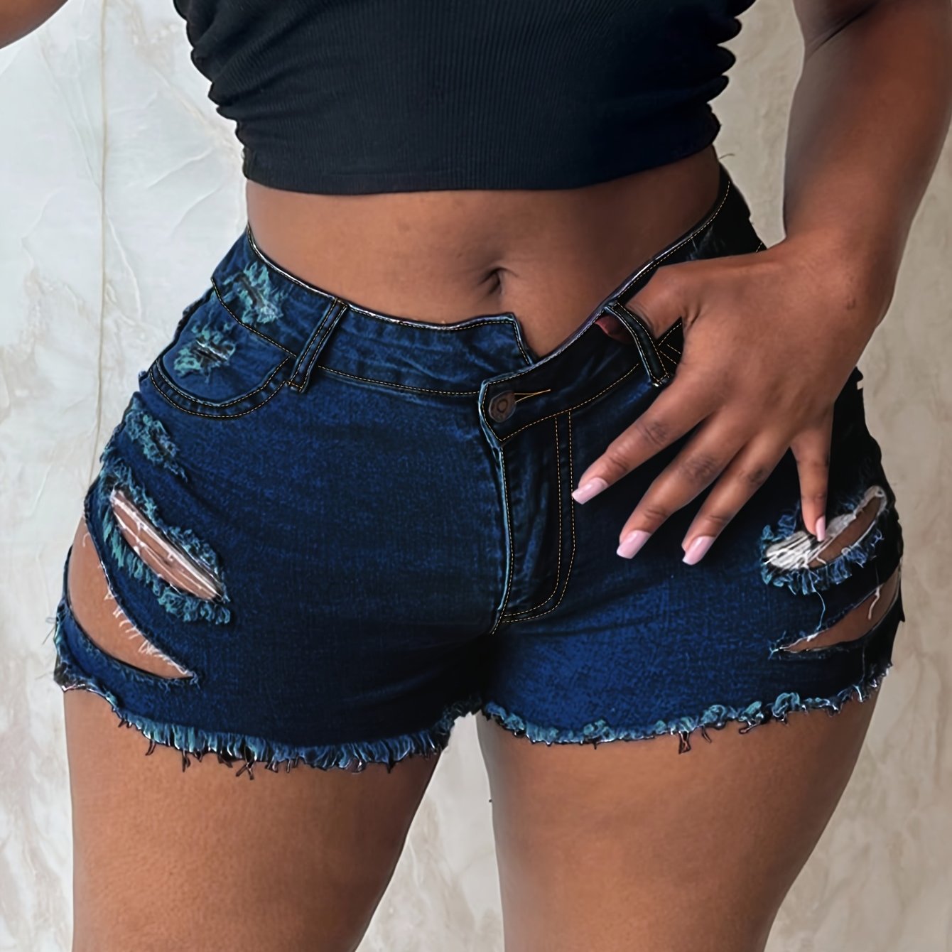 Women's Mid-Rise Ripped Denim Shorts with Frayed Hem, Distressed Detailing & Built-in Zipper Pockets - Casual Summer Straight Leg Jean Shorts in Blue, Summer Casual Wear | Trendy Ripped Shorts | Durable Denim