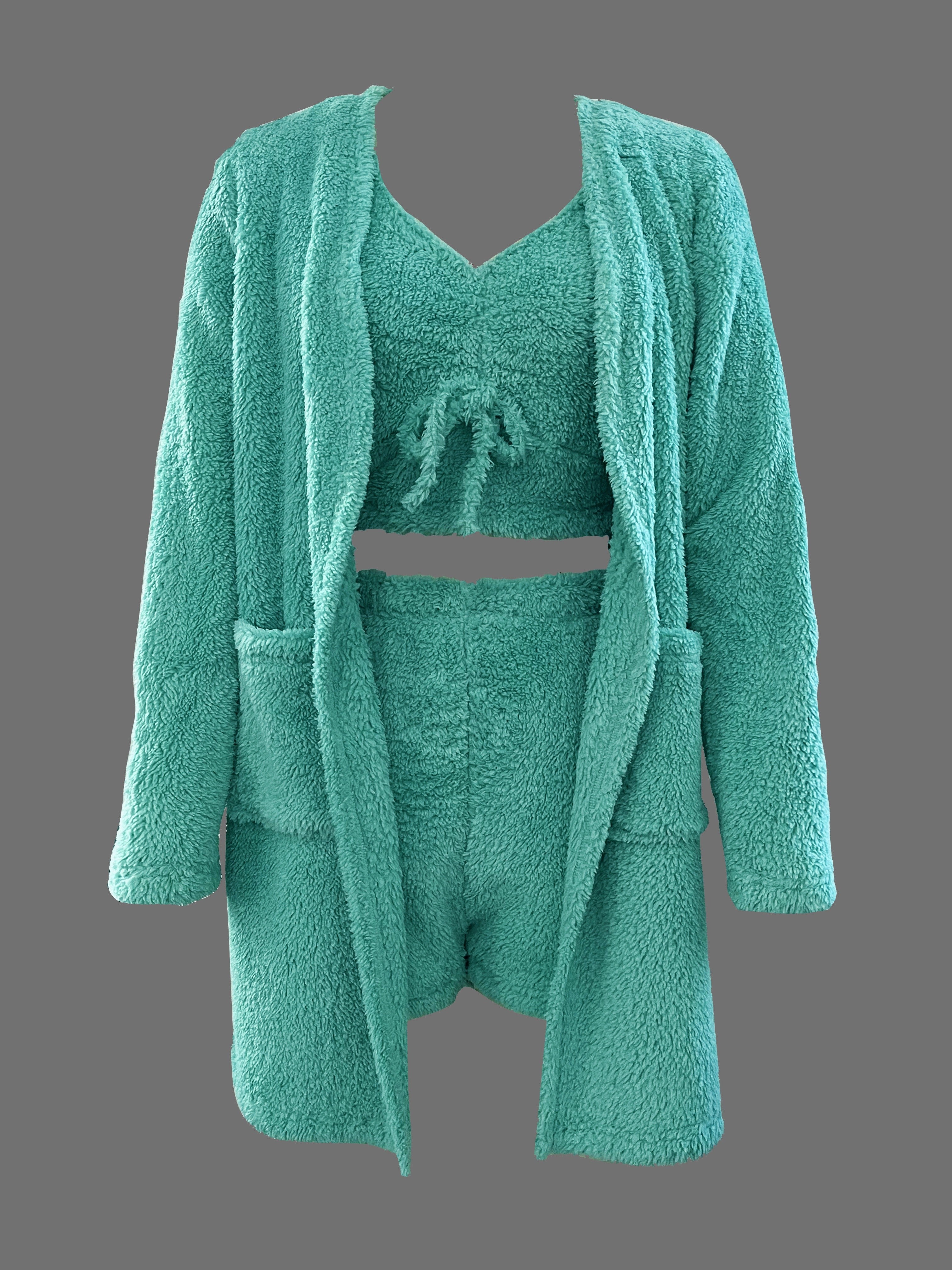 Chic Women's 3pcs Casual Fuzzy Outfit Set - Vibrant Teal, Polyester Knit with Lace Trim, Long Sleeve Cardigan & Crop Top + High-Waisted Shorts, Machine Washable - Cozy & Stylish for All Seasons, Casual Clothing Set|Relaxed Fi