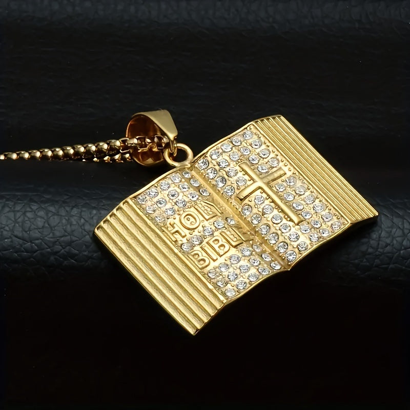 1 Men'S Fashion Pendant Necklace, Cross Bible Religious Pendant Inset Zirconia Necklace, Punk Unisex Hip Hop Jewelry
