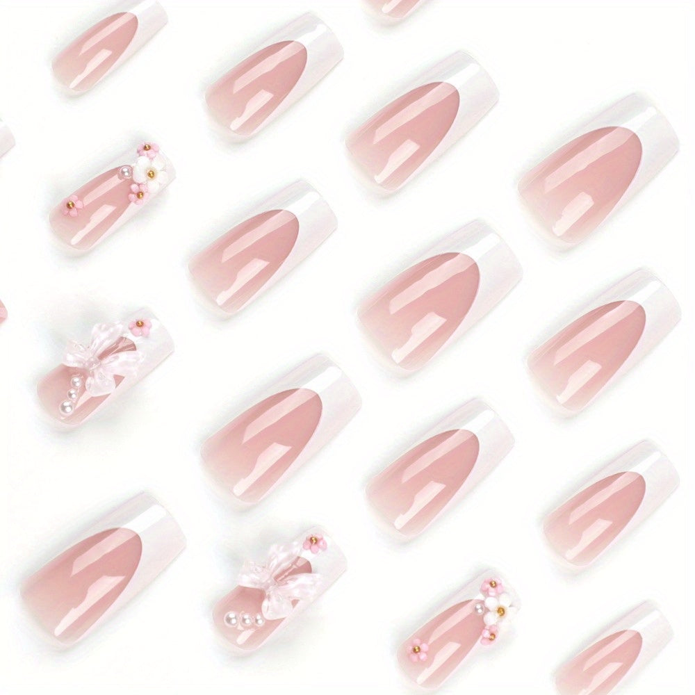 24pcss Press-On Nails, Elegant Pink French Style, Bow and Floral Designs, Coffin Shape, Perfect Fit and Lightweight, 4pcs Nail Tool Set, Ideal for Weddings and Parties, Makes You Irresistibly Charming!