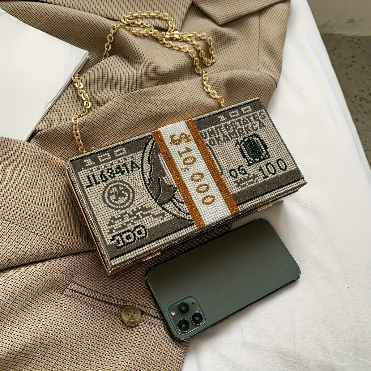Fashion Dollar Bill Design Clutch - Rhinestone Evening Bag, Creative Personalized Handbag With Chain Shoulder Strap, Small Party Crossbody Purse,  Bag - For Women - Perfect for Parties & Special Occasions - Ideal Gift