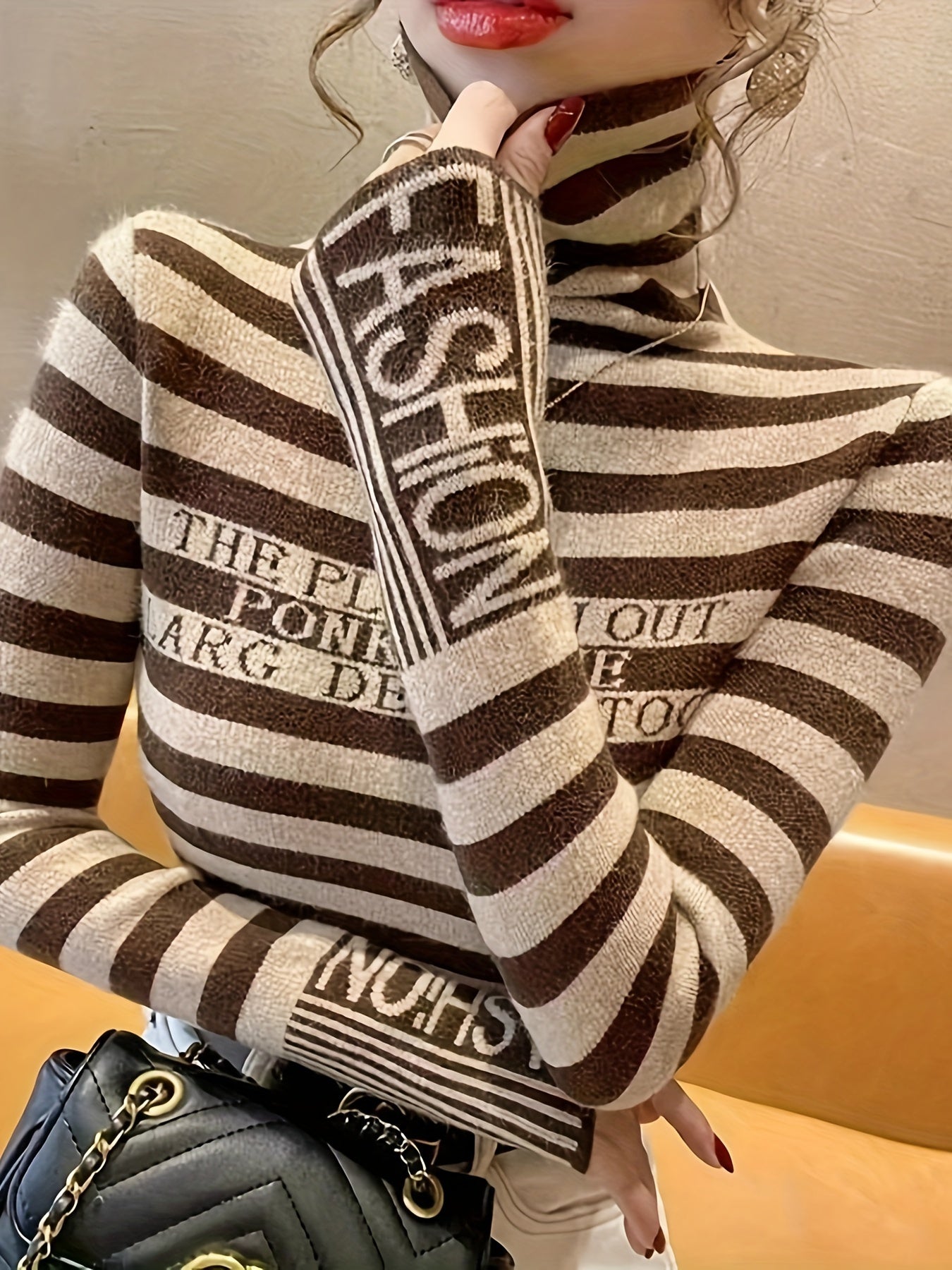 Striped Pattern Turtle Neck Sweater - Casual Long Sleeve Slim Fit Pullover Sweater for Fall & Winter - Women's Clothing - Soft & Cozy Fabric - Perfect Gift for Women