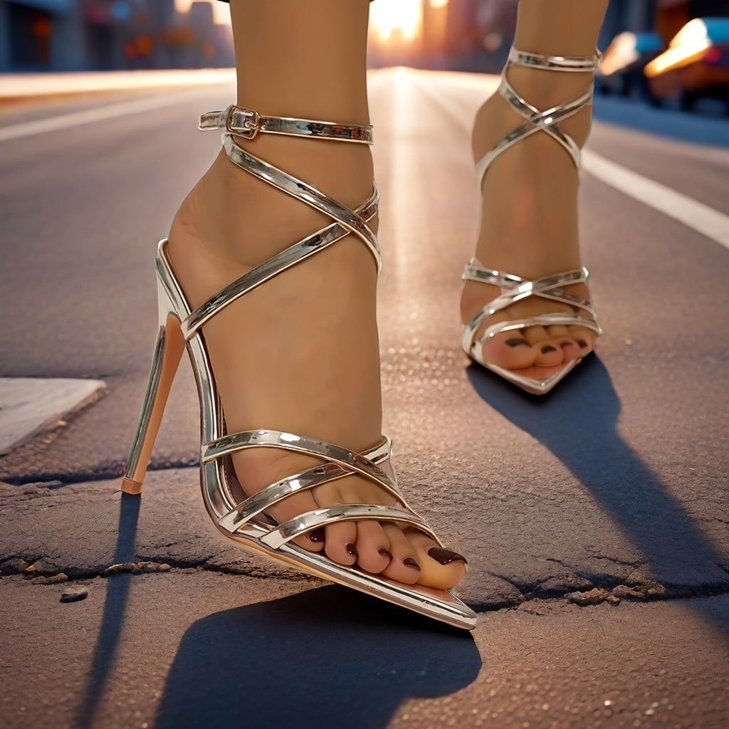 Mei Oi Women's Summer Sandals - Pointed Toe Stiletto Heel Ankle Strap High Heels with Buckle Closure, Black Synthetic Cover Dress Shoes for Parties & Formal Events, Party Footwear | Sleek Stiletto Design | Durable Rubber Sole