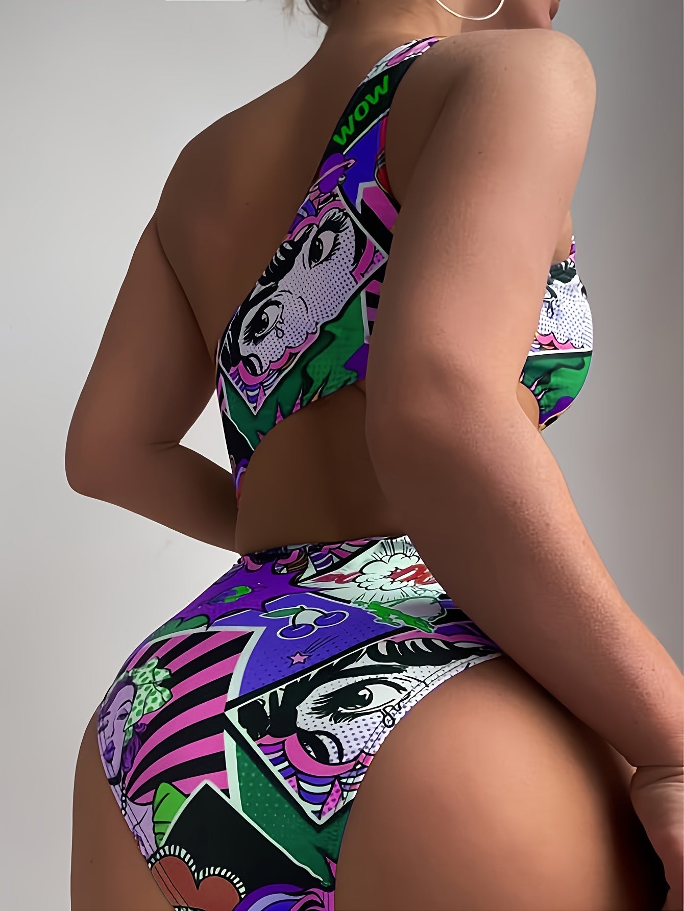 High-Stretch Womens One-piece Swimsuit - Fun Cartoon Comic Prints & Asymmetric Pop Art Design, Unique Cut Out Bathing Suit for a Fashion-Forward Look
