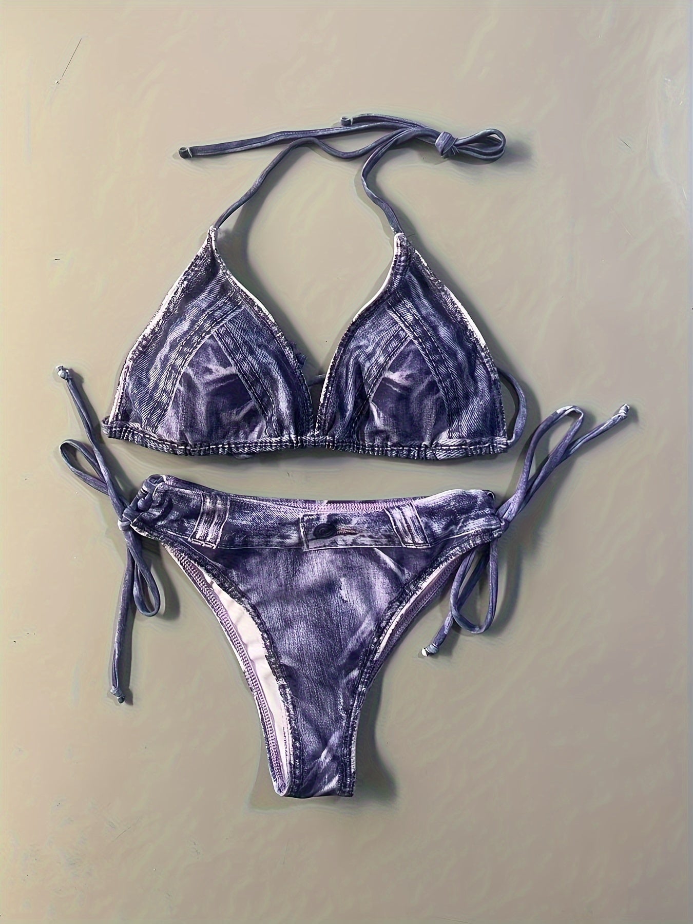2 Piece Faux Denim Print Triangle Bikini Set - Tie Strap Halter Backless Design, Adjustable Straps, Ruffled Trim, Women's Swimwear & Clothing for Summer Beach Vacation