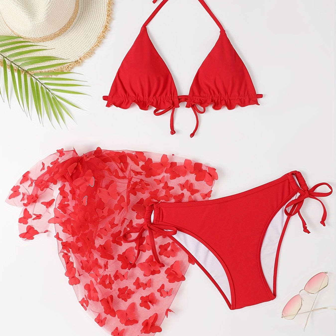 Solid Color Butterfly Applique 3 Piece Set Swimsuits, Triangle Halter Tie Strap Lettuce Trim Bikini, Women's Swimwear & Clothing