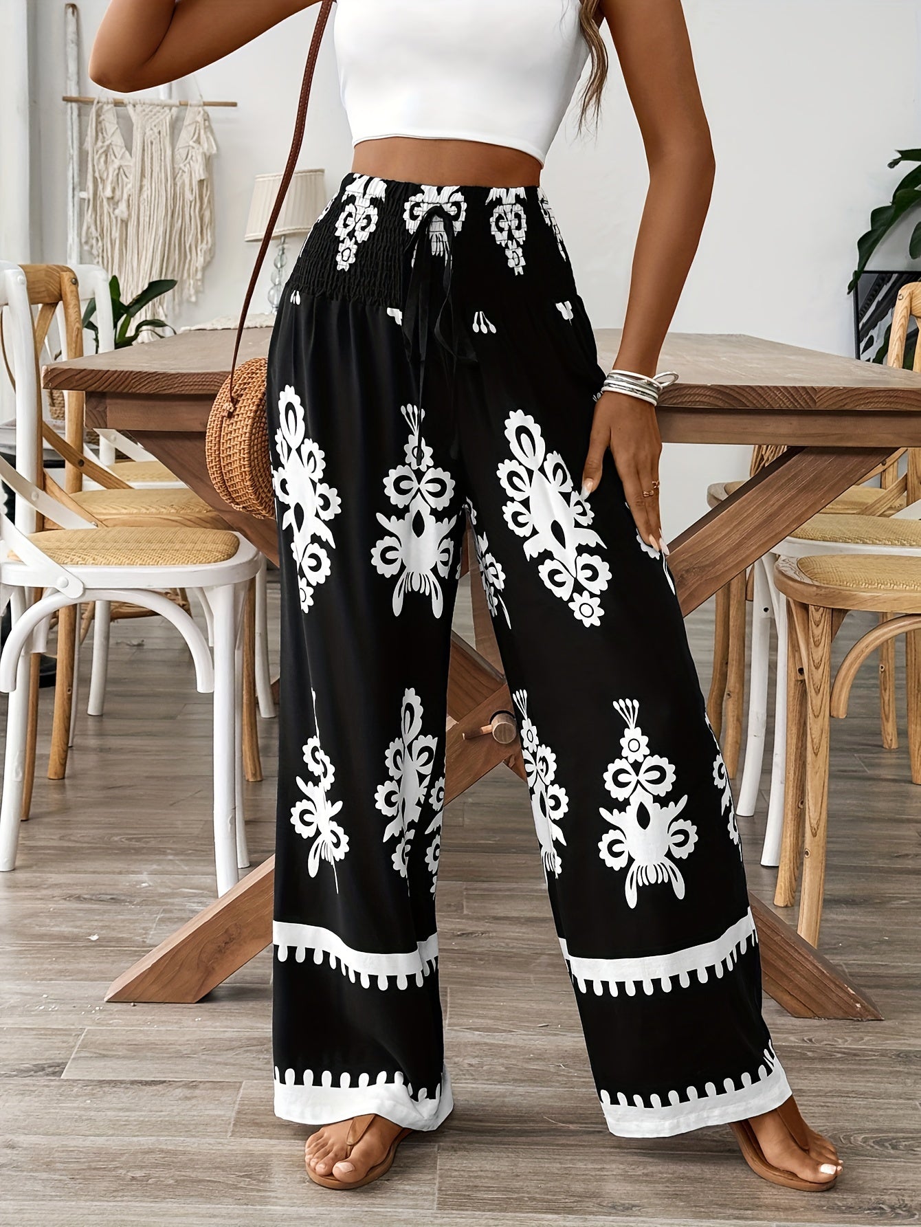 Women's Navy & White Floral Print Wide-Leg Pants with Elastic Waist Drawstring & Smocking Detail - Machine Washable All-Season Elegant Casual Trousers for Women, Comfortable Fashion, Smooth Texture Fabric