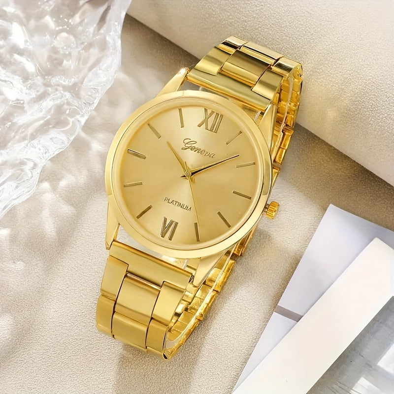5pcs/set Women'S Watch Luxury Golden Quartz Watch Rome Fashion Stainless Steel Wrist Watch & Bracelets, Gift For Mom Her