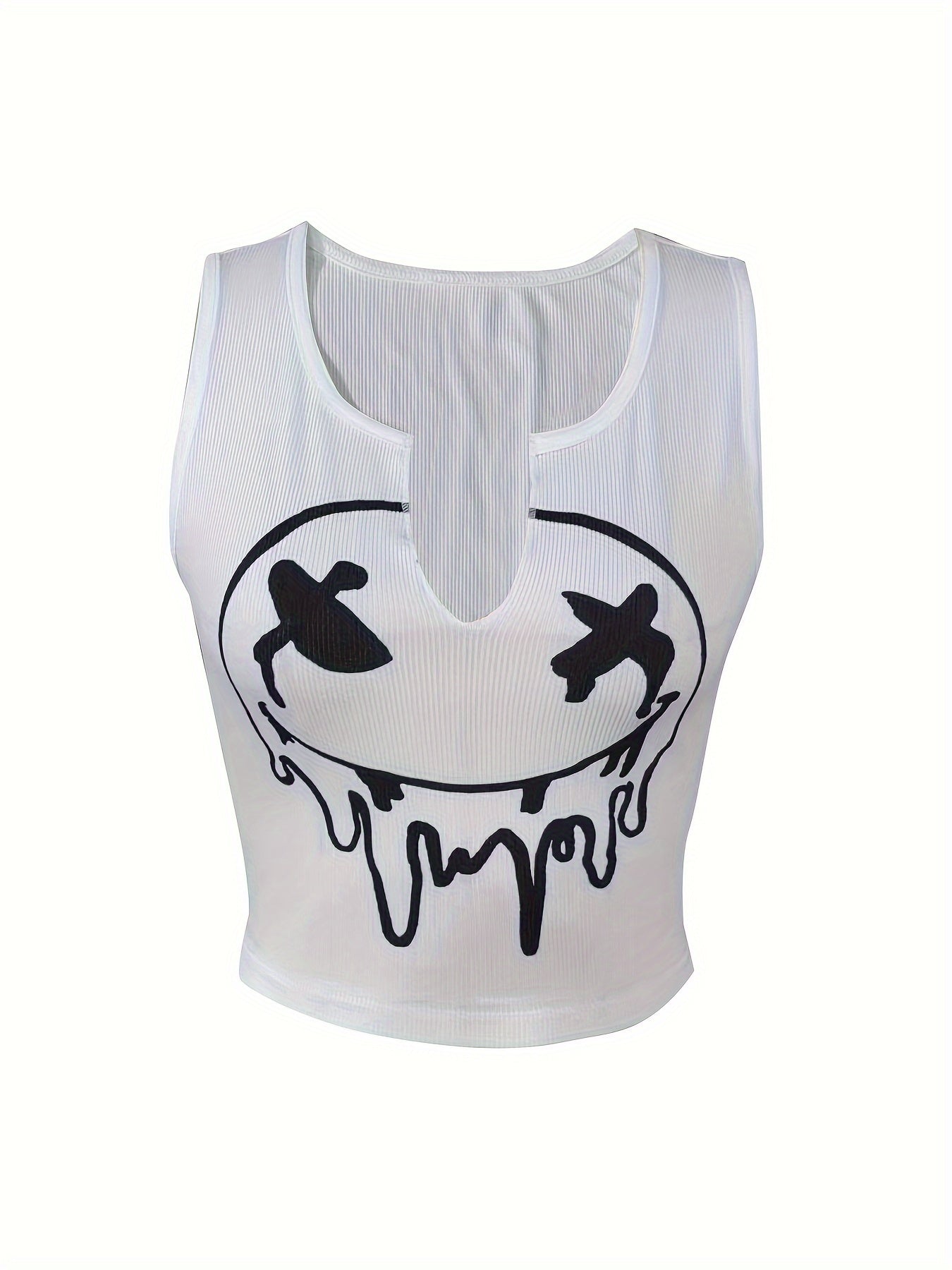 Melted Smile Print Crew Neck Tank Top, Cute Sleeveless Tank Top For Summer, Women's Clothing