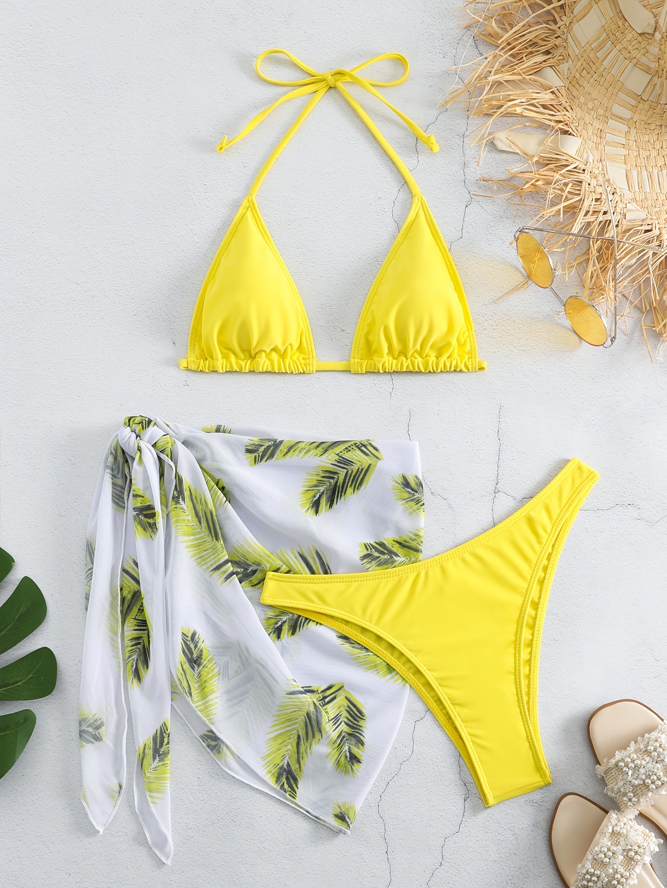 3-Piece Feather Print Bikini Sets, Halter Neck Tie Back Backless High Cut With Cover Up Wrap Swimsuit, Women's Swimwear & Clothing