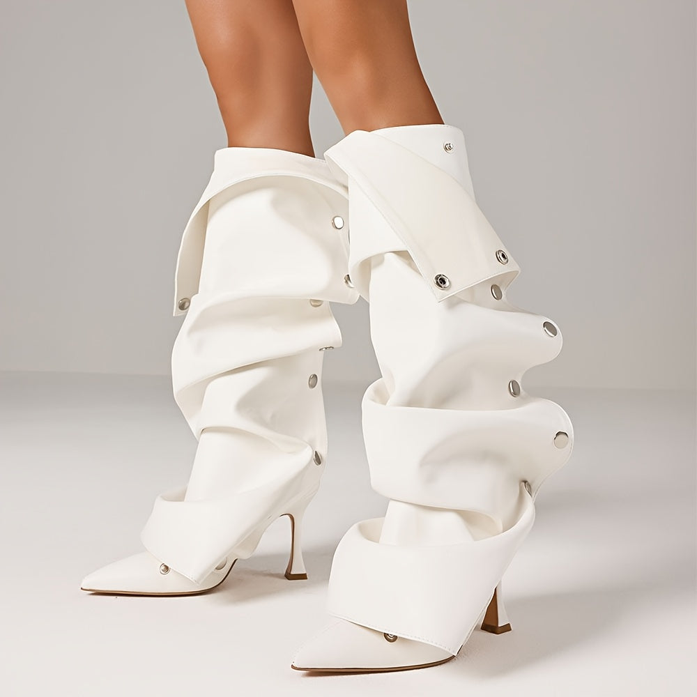 Women's Sexy Metallic Ruched Slouchy Knee-High Boots with Pointed Toe & Detachable Design - Stiletto Heel, Zipper, PU Cover & Rubber Sole for Dates, Casual Outings, High Heel Boots