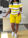 Striped Splicing Spring and Summer Casual Round Neck Short Two-Piece Set