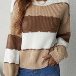 Elegant Color Block Knit Sweater – Women’s Long Sleeve Crew Neck Pullover, Soft Micro-Stretch Polyester, Stylish Patchwork Design for Fall & Winter