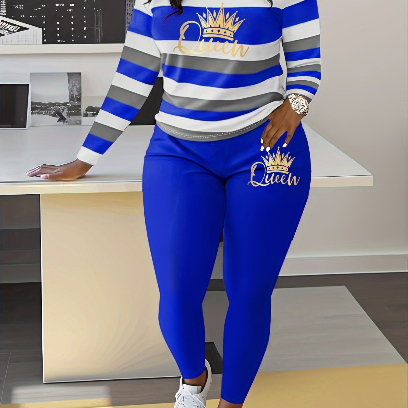 Women's Striped Crown Print Casual Tracksuit Set - Polyester & Elastane Knit Crew Neck Long Sleeve Top with Pants, No Belt - Fall/Winter Cozy Loungewear Suit (1 Top + 1 Pants)