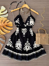 Women's Elegant Halter Neck Summer Dress - Black & White Floral Print A-Line Knee-Length with Back Bow Detail, Machine Washable for Beach, Casual & Semi-Formal Occasions, No Stretch Fabric, Beach Dress