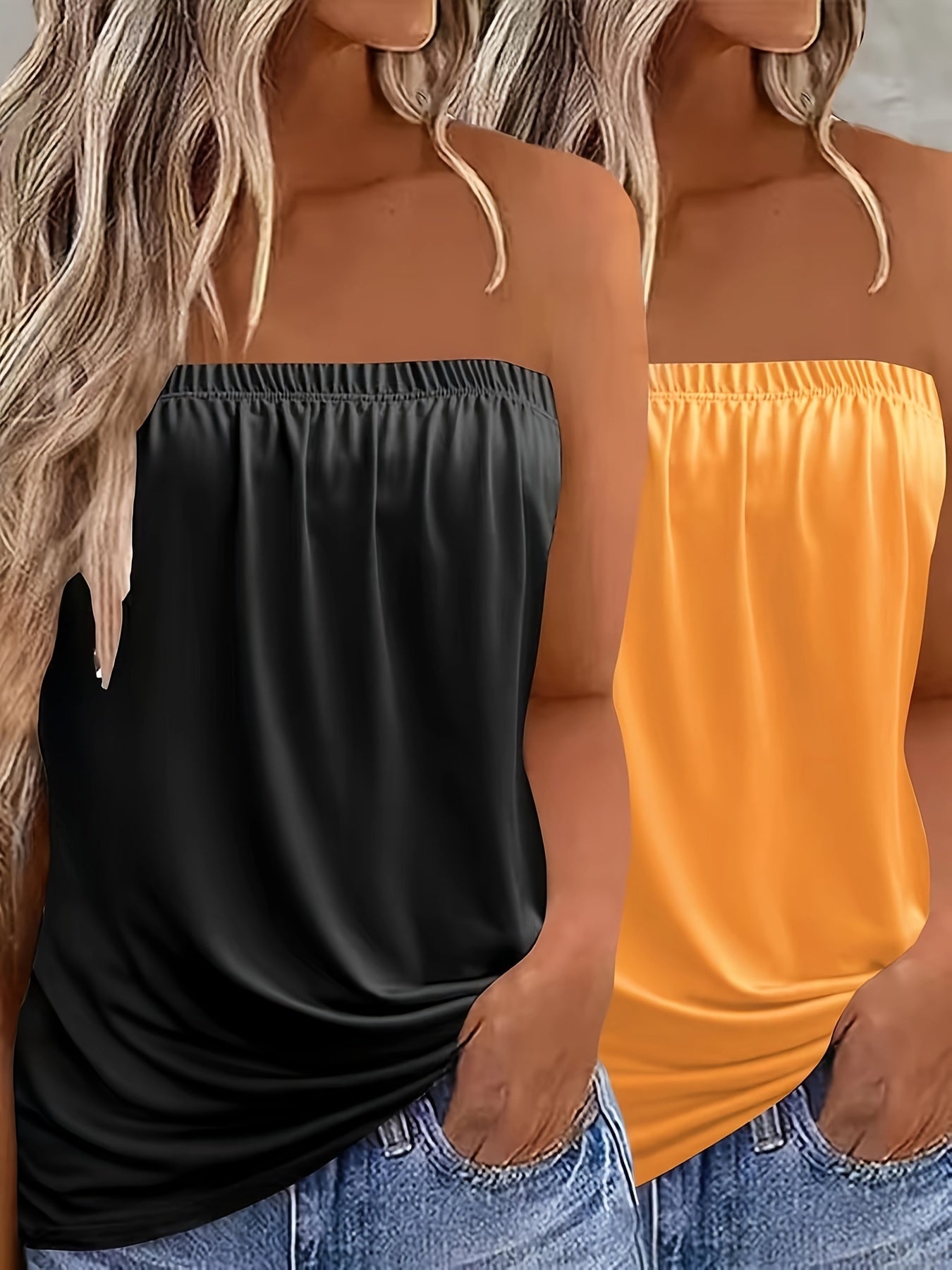 2-Pack Elegant Strapless Bandeau Top, Solid Color Jersey Knit Fabric, Stretchy Polyester 100% Sleeveless Backless Summer Tank Tops