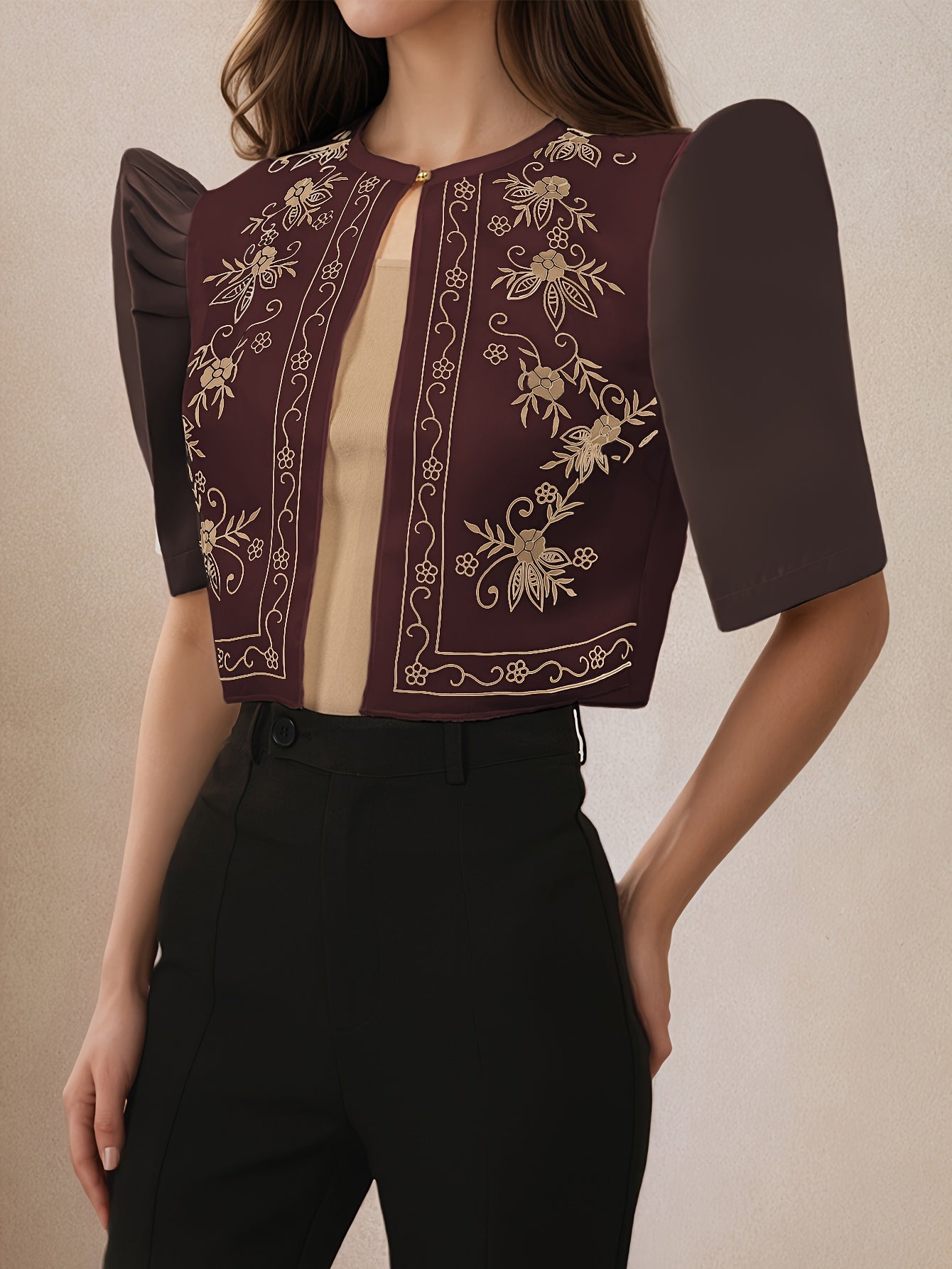 Women's Lightweight Floral Print Puff Sleeve Blouse - Semi-Sheer Round Neck Casual Chic Top for Work, Outings & Leisure | Spring Summer Machine Washable Shirt, Work Apparel | Elegant Design, Ladies Blouses
