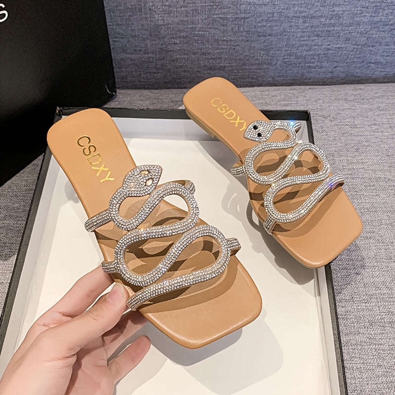 Women’s Snake Pattern Rhinestone Slide Sandals - Elegant Flat Summer Shoes, Non-Slip PU Cover, Open Toe, Stylish Beach & Party Wear, Ladies Sandals