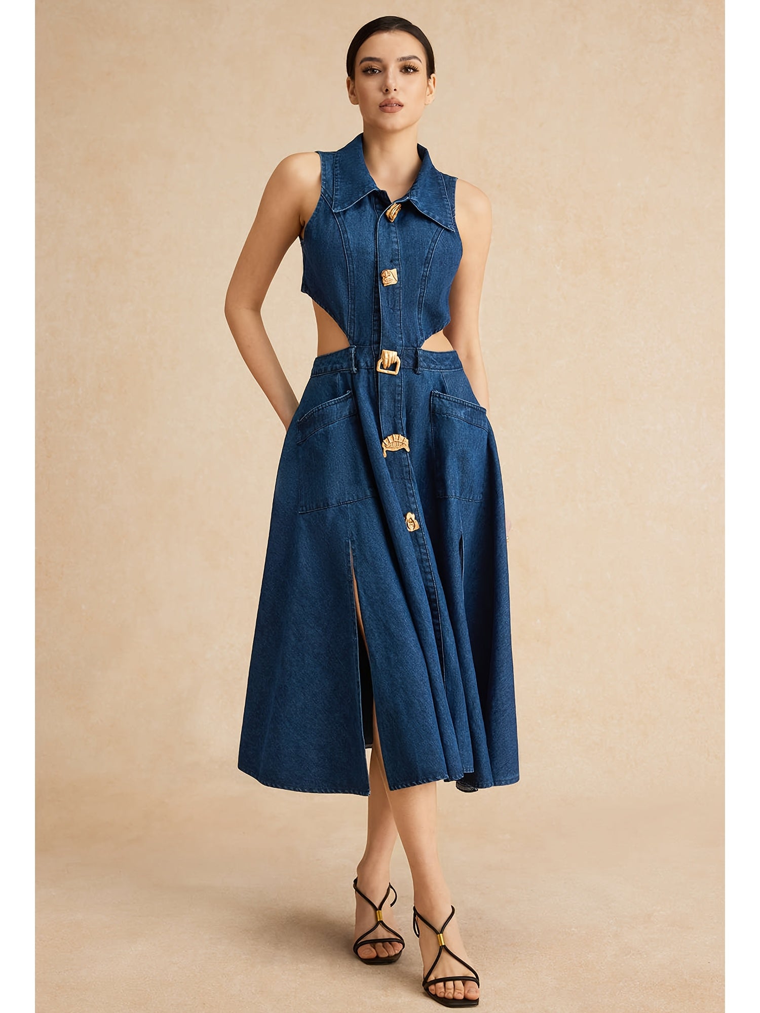 Women's Sleeveless Denim Dress with Waist Cut-Out & Slit Hem - Mid-Length Casual Summer Dress Featuring Metal Buttons, Square Neckline & Machine Washable Design, Jeans Dress, Everyday Fashion, Structured Fabric, Elegant Decor