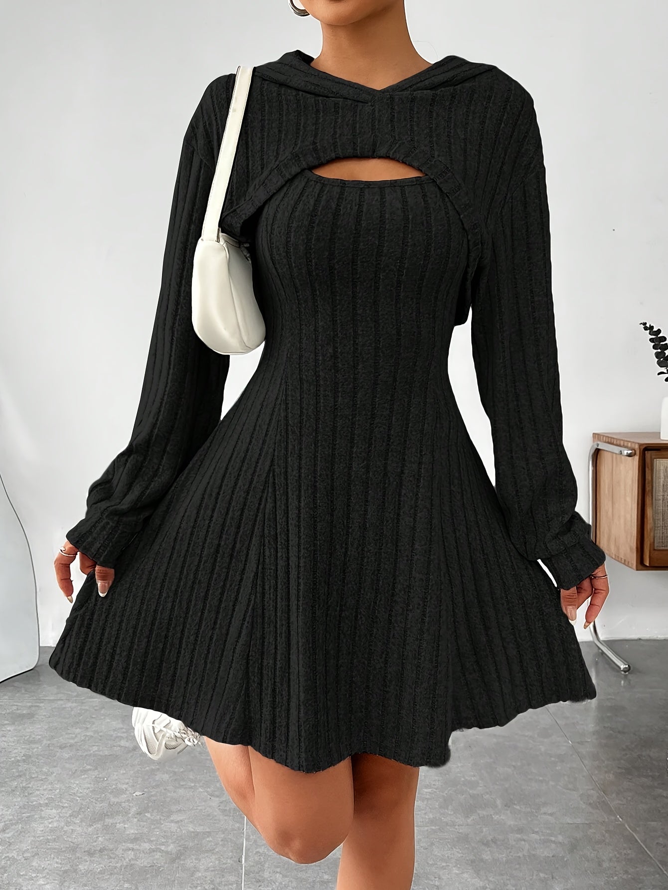 Long Sleeve Solid Color Ribbed Hoodie Shrug Top & Sleeveless Square Neck A-line Tank Dress Set, Women's Clothing Outfits