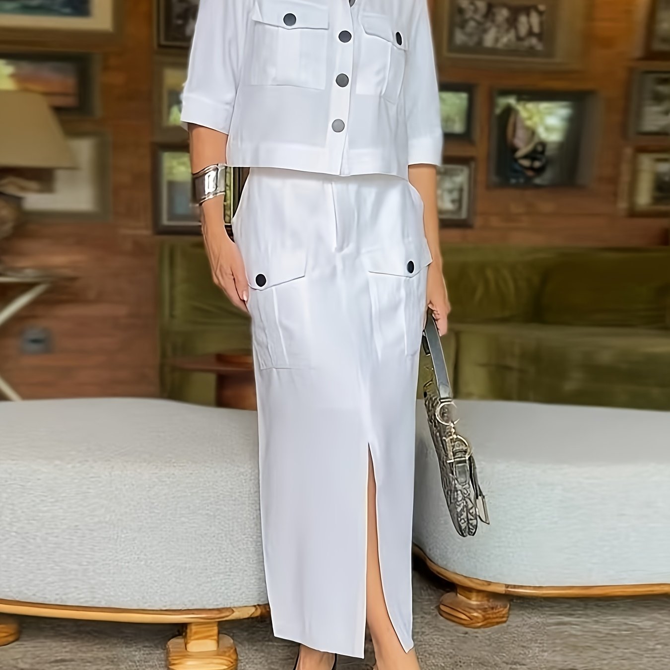 Elegant Light Blue Women'S Summer Casual Flap Collar Dress Set - Sleeveless Top with Pockets, High-Waisted Skirt with Slit, Stylish Black Heels, Perfect for Spring and Summer, Casual Attire|Modern Casualwear|Pocketed Skirt