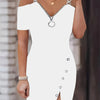 Women's Cold Shoulder Ribbed Chain Strap Dress - Zipper, Elegant, Short Sleeve, Split Bodycon Dress - For Spring & Summer - Perfect for Parties & Casual Occasions - Ideal Gift for Women