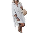 Casual Loose Cotton And Linen Deep V-neck Mid-length Pocket Patch Dress