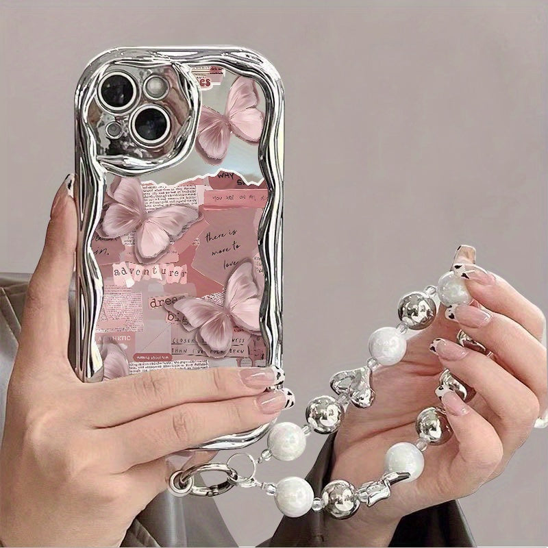 Pink Butterfly And Collage Elements for a Romantic And Sweet Atmosphere, with Silver Bead Chain Phone Case, Suitable for Iphone 11, 12, 13, 14 And 15 Pro Max, 16PLUS