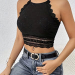 Women's Sexy Chic French-Style Geometric Lace & Textured Fabric Patchwork Cami Top - Black Sleeveless Fitted Crop Top, Medium Stretch, Machine Washable for Spring/Summer Casual & Formal Wear, Casual Chic Top | Frenchinspired