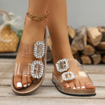 Women's Casual Versatile Double Strap and Buckle Flat Slippers, New Summer Rhinestone Square Buckle Outdoor Thick Sole Transparent Beach Shoes