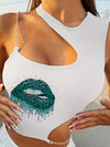 Lips Print Chain Strap Asymmetrical Tank Top, Casual Stylish Slim Fit Crop Top For Spring & Summer, Women's Clothing
