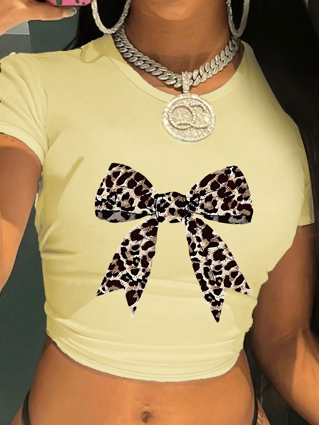 Women's Y2K Leopard Bow Print Cropped T-Shirt - Light Blue Soft Fabric, Machine Washable, Versatile Casual & Evening Wear, Style Statement Top | Elegant Design | Comfortable Fit, Leopard Print Shirt