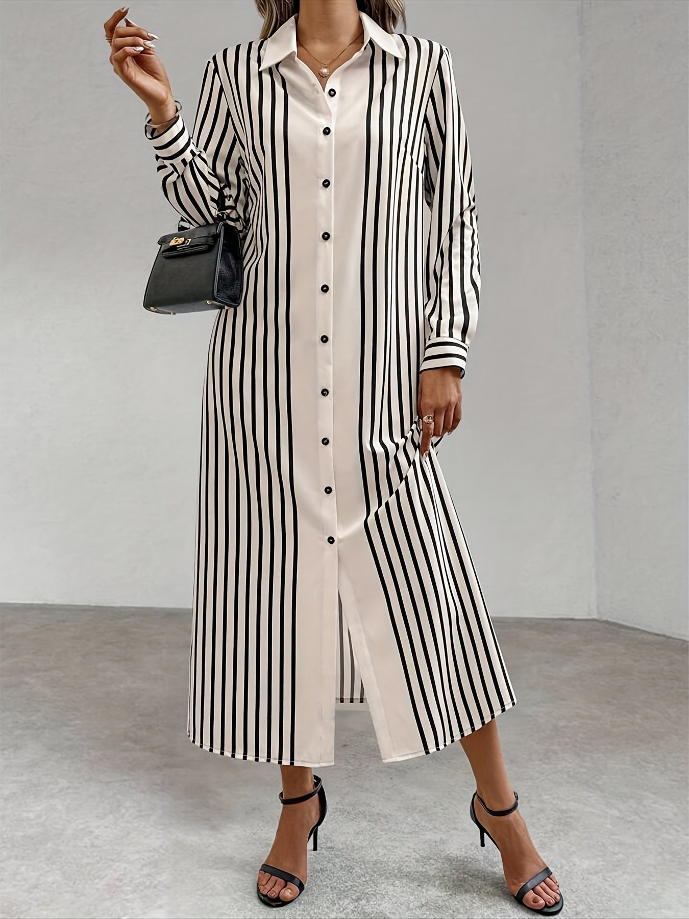 Elegant Striped Long Sleeve Shirt Dress with Lapel Collar and Button Details - Chic Spring/Autumn Women'S Shirting, Long Sleeve Dress