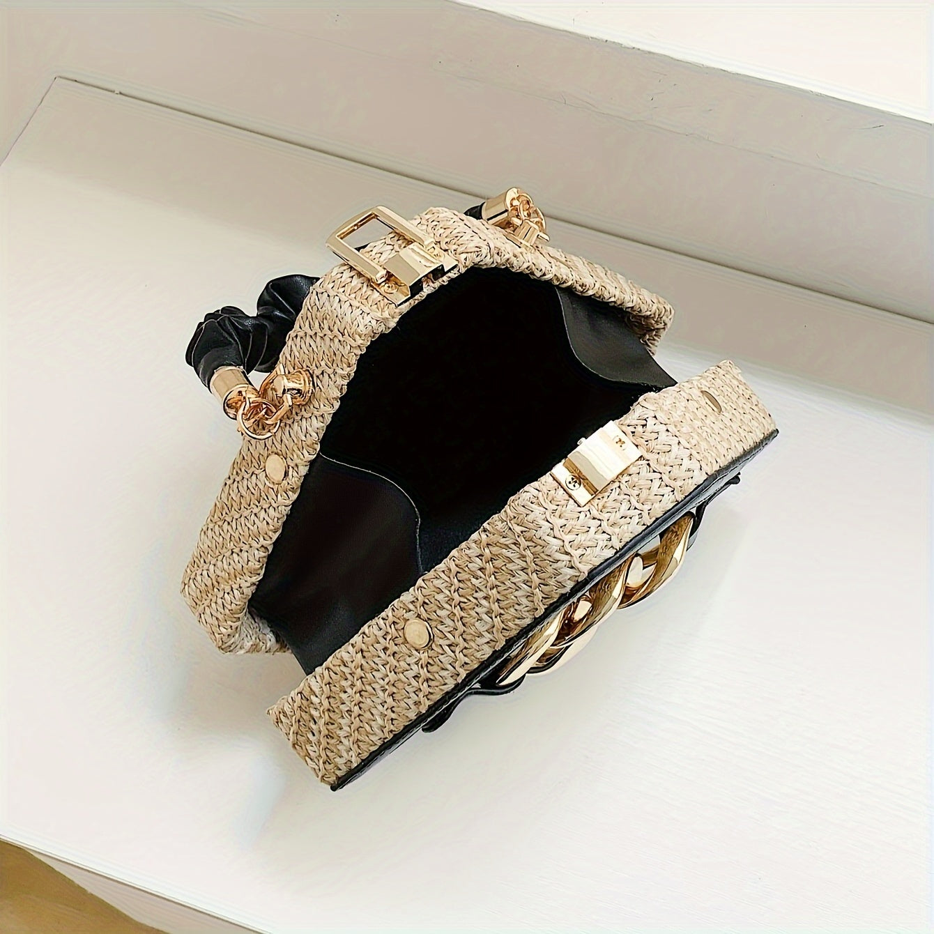 Fashion Niche Shaped Satchel Bag, Chain Decor Straw Design Chain Bag, Mini Top Ruched Strap Handbag