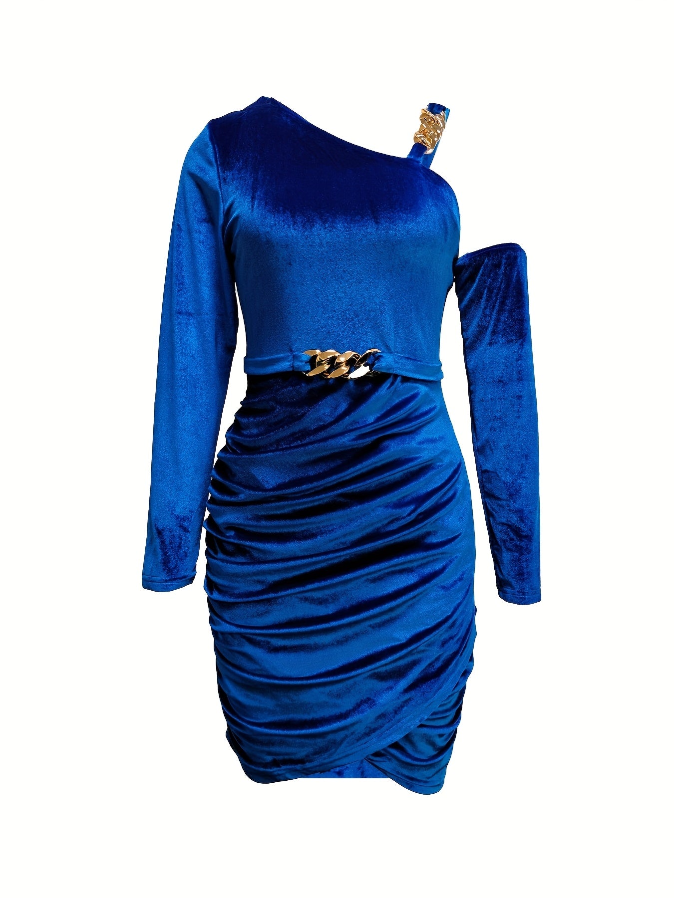Elegant Off-Shoulder Blue Midi Dress for Women - Chic Chain Detail, Long Sleeves, Ruched Bodycon Fit, Polyester, Machine Washable - Perfect for Evening & Vacation