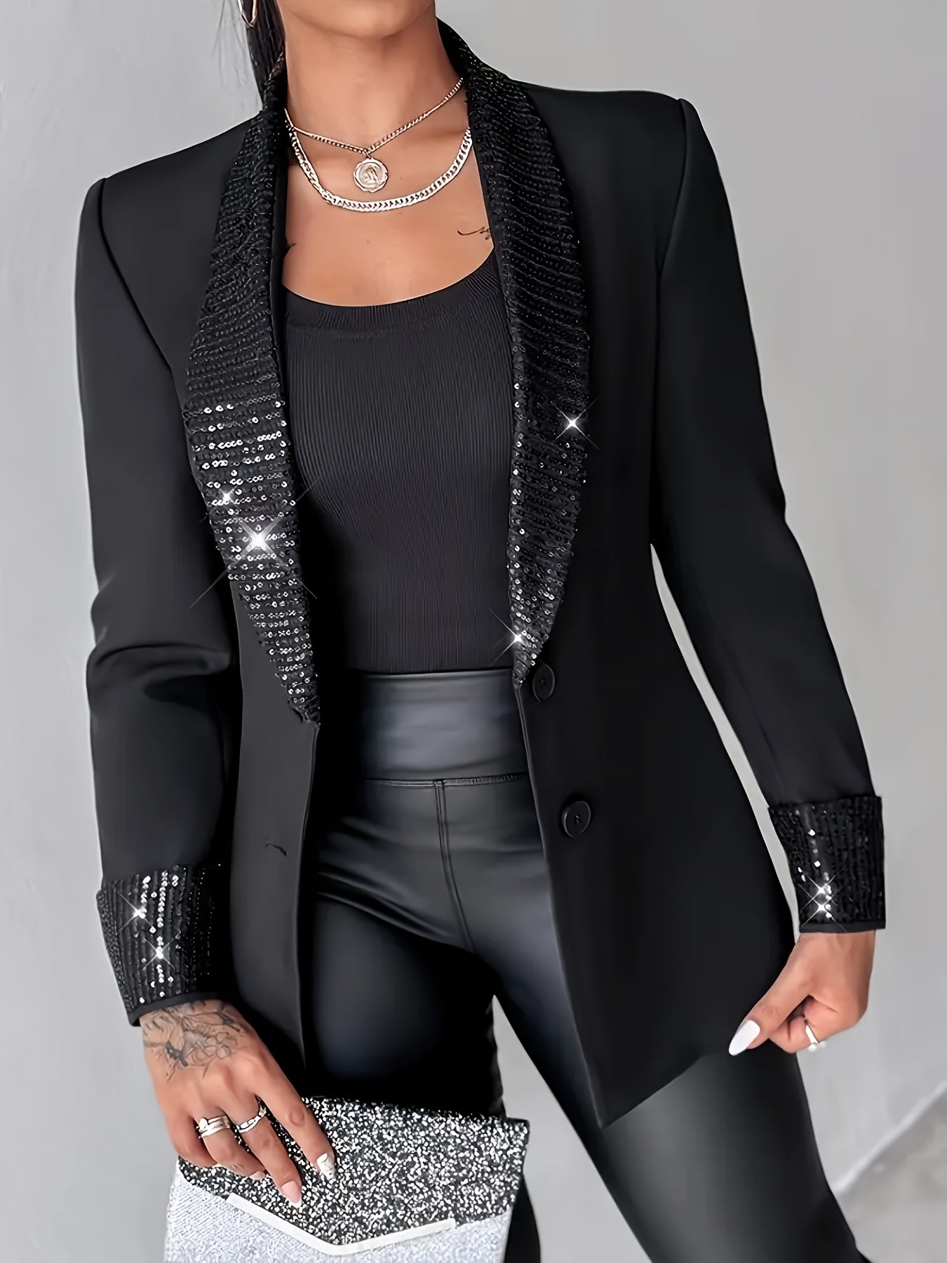 Elegant Women'S Jacket with a Round Collar And Sequined Cuffs, Featuring Long Sleeves.